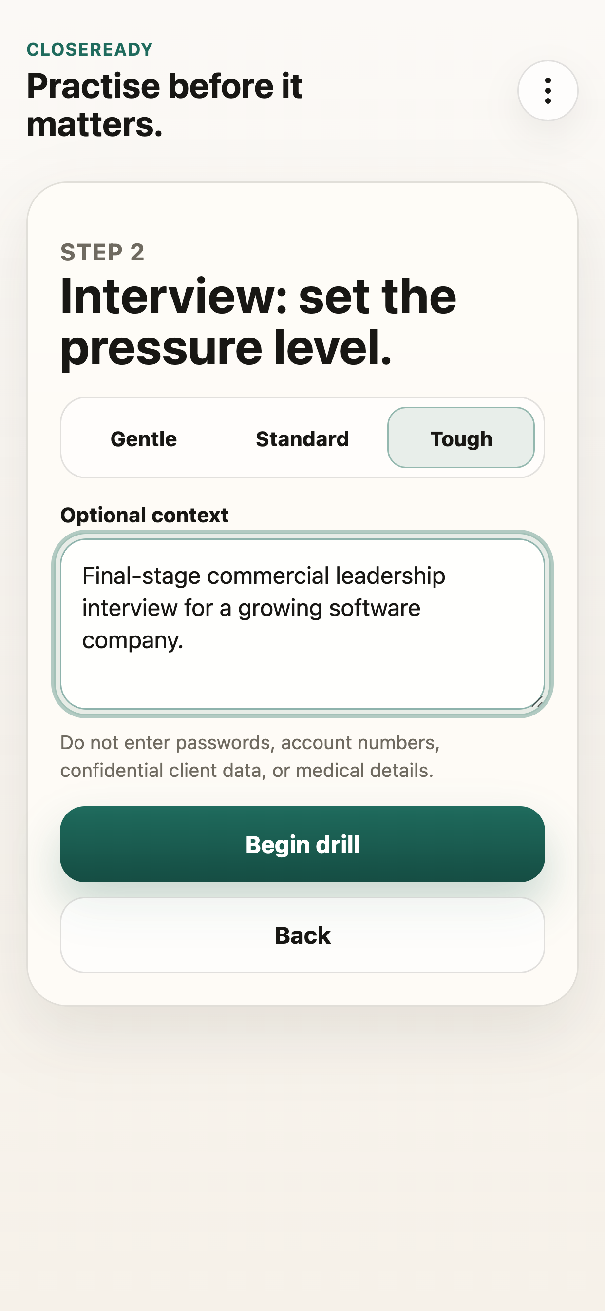 CloseReady rehearsal setup with pressure levels and sample interview context