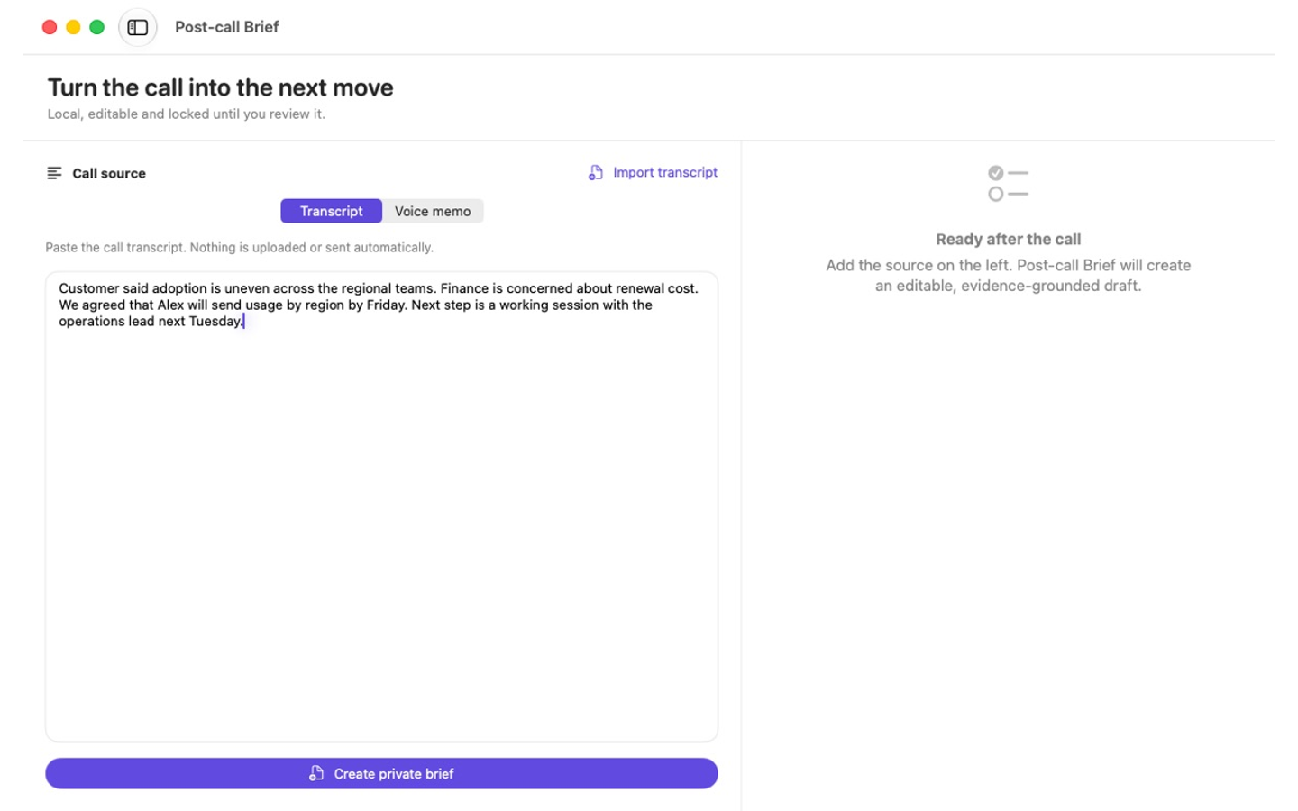 Post-call Brief showing a sample transcript and the create-brief control