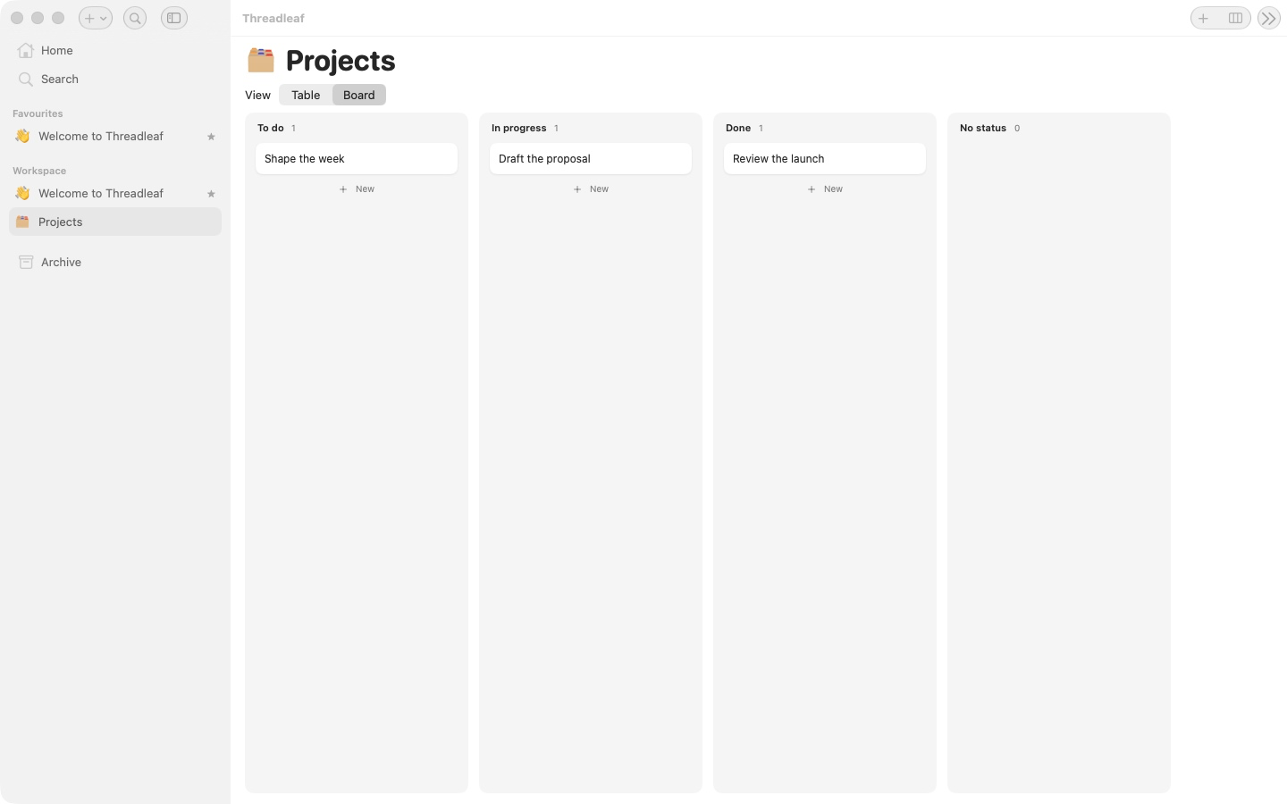 Threadleaf native Mac projects board with sample tasks